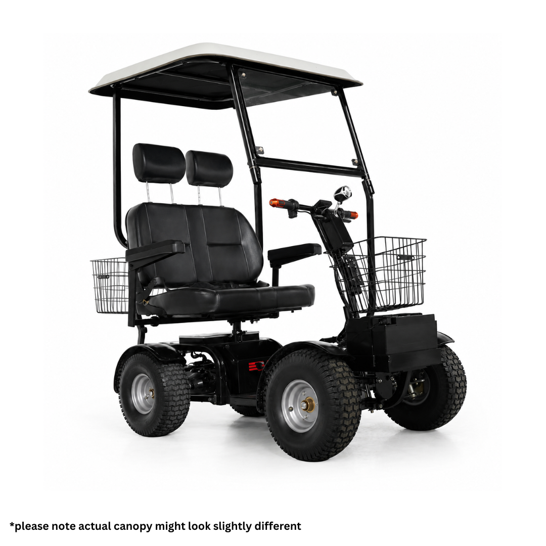 The Green Transporter Cheeta Ninja All-Terrain HD Scooter Golf Cart features four large wheels, cushioned seats with headrests, front and rear baskets, handlebars, and a roof canopy (actual canopy may vary). Green Transport made easy!.